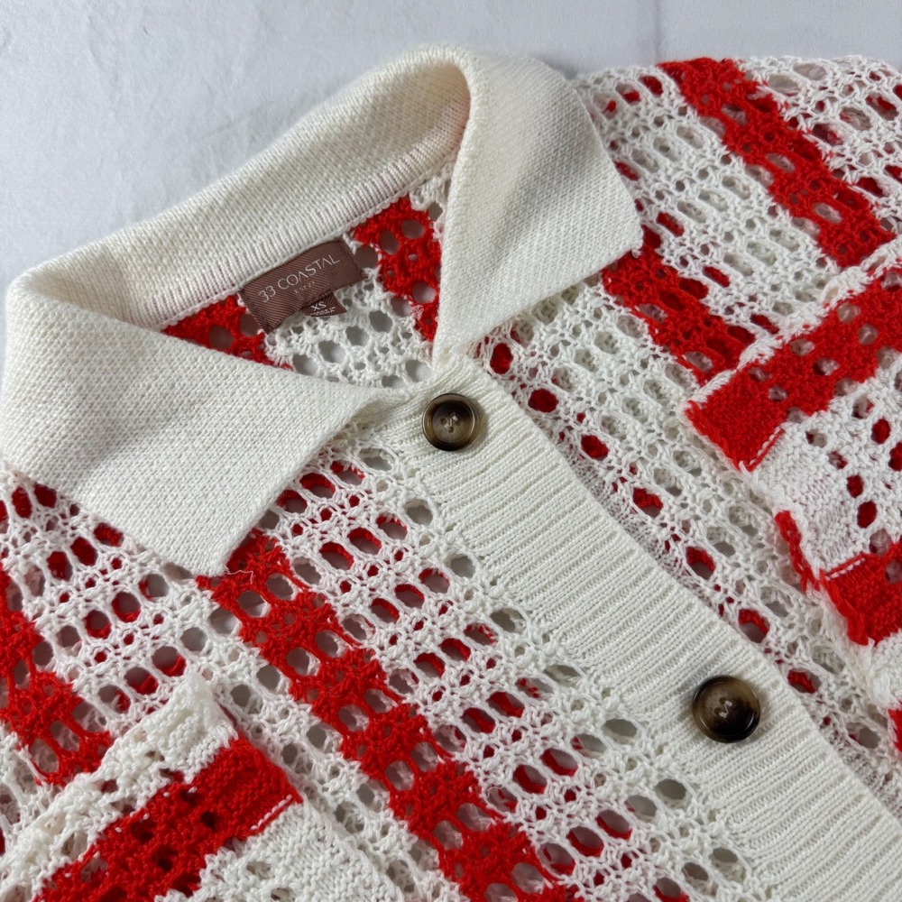 33 Coastal Women's XS Red Cream‎ Striped Wave Pointelle Stitch Cardigan Sweater